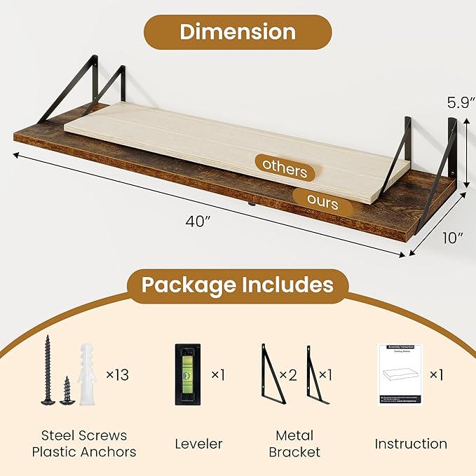 Floating Shelves for Wall,40" Wall Mounted Shelves Set of 2,Long Wood Floating Shelves,Hanging Wide Display & Storage Shelf with Metal Brackets for Bathroom,Bedroom,Kitchen,Living Room,Rustic Brown