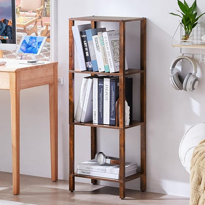 YUFAM 4 Tier Tall Wooden Bookshelf with Storage - Small Bookcase for Small Spaces, Shelf for Living Room, Office, Bedroom, Kitchen - Industrial Retro Brown Book Shelf