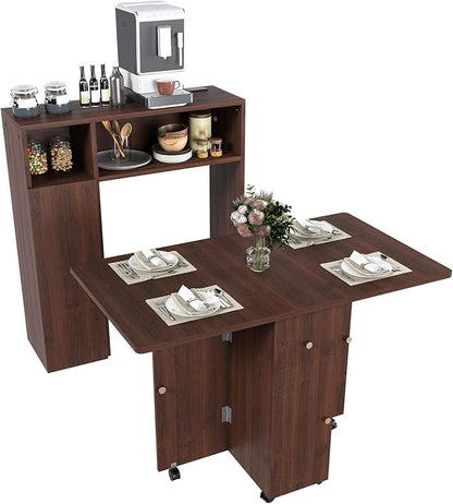 Multifunctional Convertible Dining Console Cabinet Wall-Mounted Foldaway Table Sideboard Buffet with Storage Shelves Drawer Power Outlets USB Wheels Locking Casters Collapsible Workstation (Walnut)
