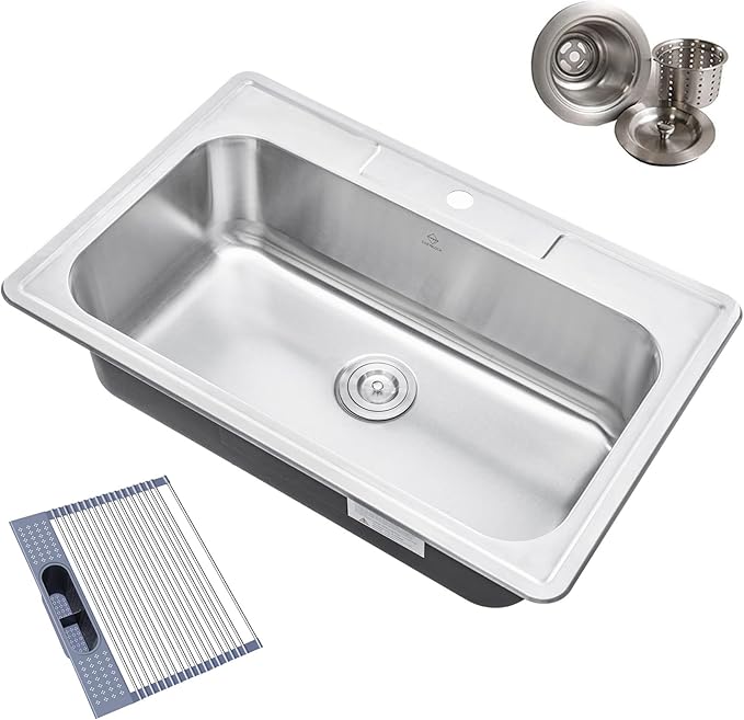 33 x 22 x 9 Inch Top-mount/Drop-in Stainless Steel Single Bowl Kitchen Sink with Strainer and Dishrack - 18 Gauge Stainless Steel-1 Faucet Hole