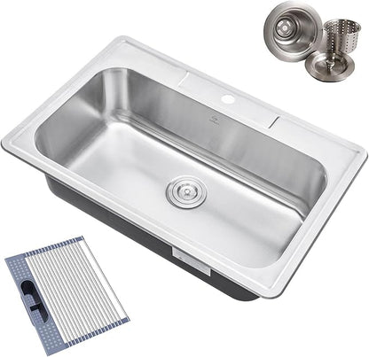 33 x 22 x 9 Inch Top-mount/Drop-in Stainless Steel Single Bowl Kitchen Sink with Strainer and Dishrack - 18 Gauge Stainless Steel-1 Faucet Hole