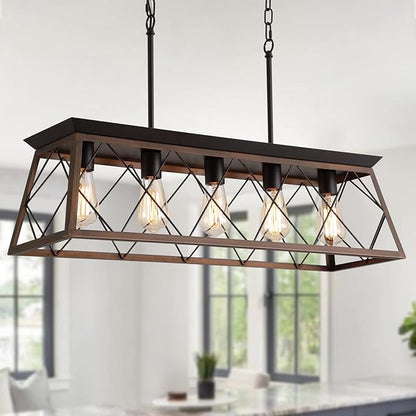 Q&S Farmhouse Rustic Chandelier Light Fixtures Bronze 5 Lights Linear Rectangular Chandelier Pendant Light Fixtures for Dining Room Kitchen Island Pool Bar Office Living Room Entryway UL Listed