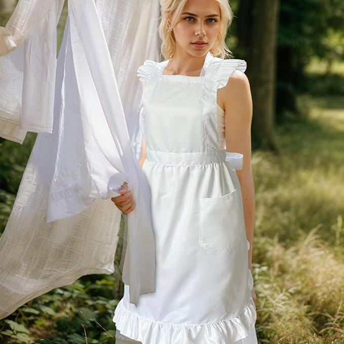 Cityelf Vintage White Apron Maid Pioneer Costume Victorian Style Cotton 50’s Ruffle Dress Apron with Long Ties and Pockets