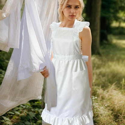Cityelf Vintage White Apron Maid Pioneer Costume Victorian Style Cotton 50’s Ruffle Dress Apron with Long Ties and Pockets