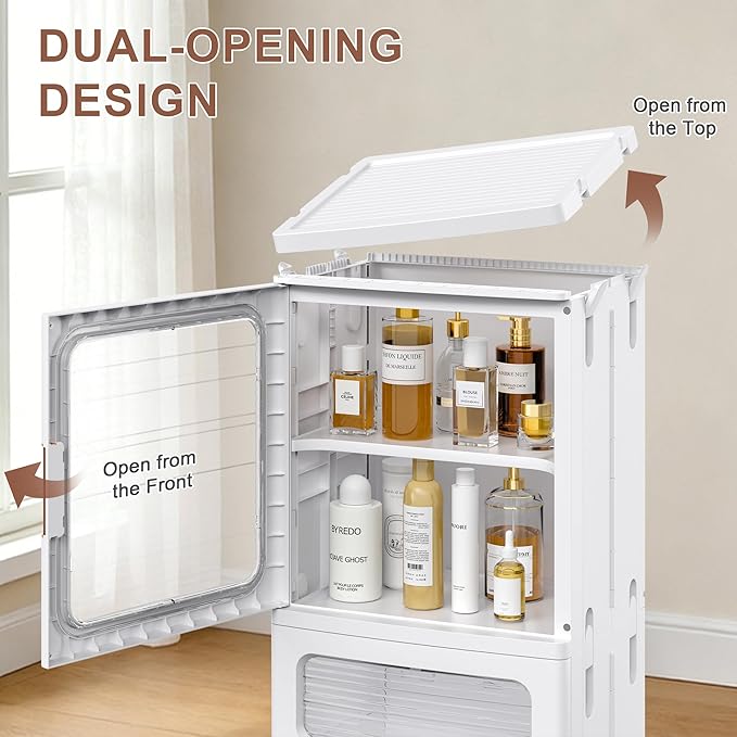 VECELO Narrow Bathroom Storage Cabinet with 2 Drawer, Foldable Storage Organizer with Movable Wheels and Adjustable Shelf for Small Space, Kitchen, Laundry, White
