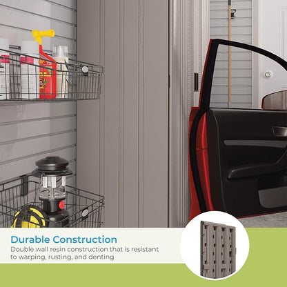 Suncast 31 Cubic Feet Mega Tall Storage Cabinet with 3 Adjustable Shelves, Platinum Metallic & Slate – Garage or Basement Utility Resin Organizer with 75 Pound Capacity Per Shelf and Lockable Doors