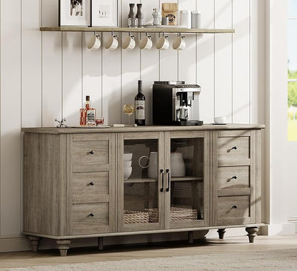 WAMPAT Farmhouse Sideboard Buffet Cabinet with Glass Door & Adjustable Shelf, Wooden Coffee Bar Table with Solid Wood Leg, Kitchen Storage Cabinet for Dining Room, Grey, 58 Inch