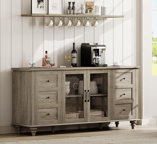 WAMPAT Farmhouse Sideboard Buffet Cabinet with Glass Door & Adjustable Shelf, Wooden Coffee Bar Table with Solid Wood Leg, Kitchen Storage Cabinet for Dining Room, Grey, 58 Inch