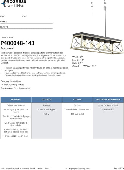 Progress Lighting Briarwood Collection 5-Light Dining Room Light Fixture, Farmhouse Style Modern Chandelier for Kitchen and Dining Room, 38" by 9", Graphite