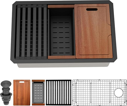 Kitsitchen Black Undermount Kitchen Sink, 16 Gauge T-304SS Stainless Steel Workstation Sinks with Accessories,30" X 18"X 10" Large and Deep Single Bowl Kitchen Sinks with Offset Drain Design