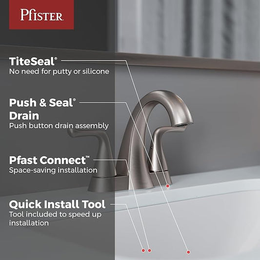 Pfister Willa 4 inch Centerset Bathroom Sink Faucet 2-Handle 3-Hole NSF Certified Spot Defense Brushed Nickel Vanity Faucet with Push & Seal Drain Installation LF048MALGS