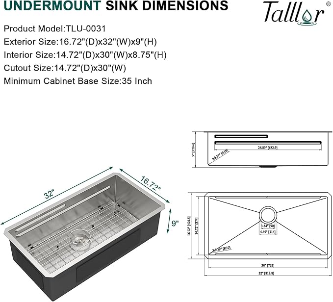 32 Undermount Kitchen Sink - 32"x17" Two-Tiered Ledge Workstation 16 Gauge Single Bowl Undermount Sink Stainless Steel All-In One Under Counter Sinks Upgraded Fast Drain & Anti-Clog #TLU-0031