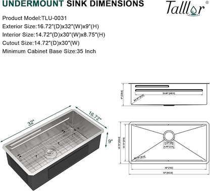 32 Undermount Kitchen Sink - 32"x17" Two-Tiered Ledge Workstation 16 Gauge Single Bowl Undermount Sink Stainless Steel All-In One Under Counter Sinks Upgraded Fast Drain & Anti-Clog #TLU-0031
