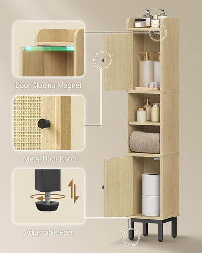 Hzuaneri Slim Bathroom Storage Cabinet, Narrow Bathroom Organizers and Storage with 4 Adjustable Feet, Laundry Room Organization for Small Space, Kitchen, Living Room, 2 Doors Rattan Yellow BC22402Y