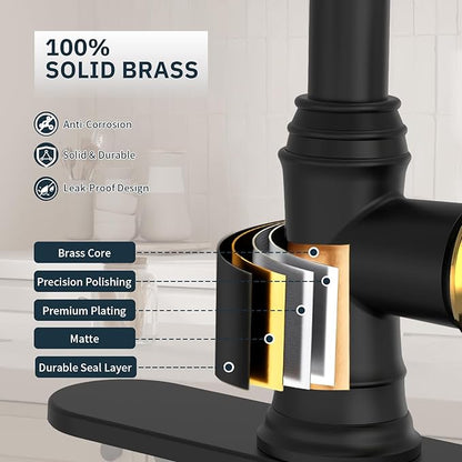 BWE Black and Gold Kitchen Faucet with Pull Down Sprayer Single Handle High Arc Spring Commercial 3 Functions Kitchen Sink Faucet Solid Brass with 10" Deck Plate for Sink 1 or 3 Holes