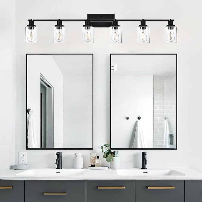 MELUCEE Ceiling Track Lighting Kits 6 Light Bathroom Light Fixtures Wall Mount with Flexibly Rotatable Light Head, Modern Black Spotlights with Clear Glass Shade, 45.3 Inch