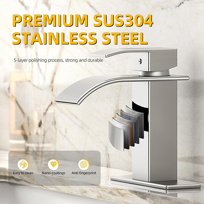 Ryuwanku Bathroom Faucet Brushed Nickel Modern Waterfall Bathroom Sink Faucet with Single Handle Suitable for 1 or 3 Holes,Supply Deck Plate and Hose