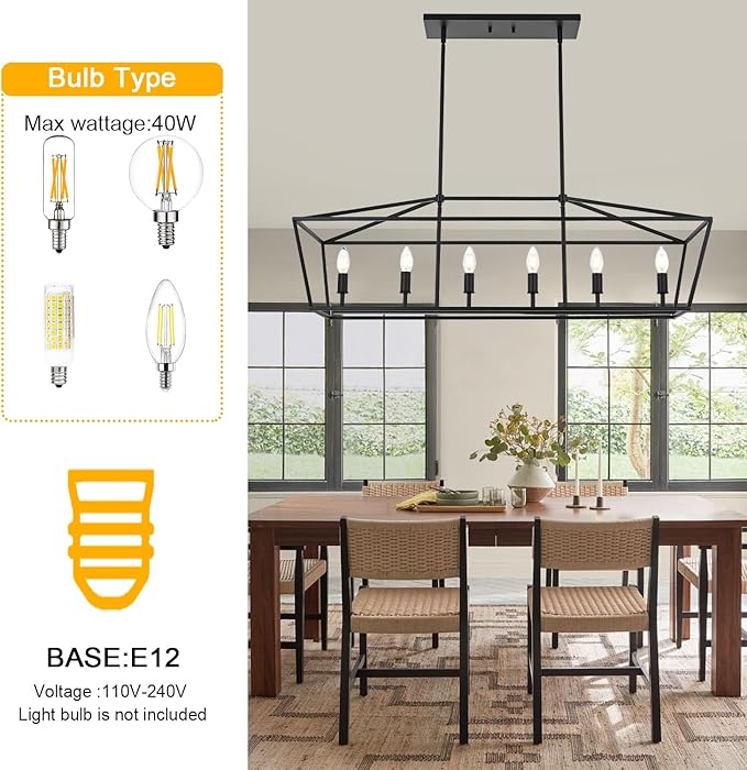 BONLICHT 6 Light Farmhouse Chandelier Black Modern Linear Kitchen Island Lights Industrial Vintage Candle-Style Dining Room Lighting Fixture Hanging Foyer Ceiling Lights with Adjustable Rods,E12 Base