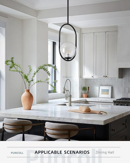 Glass Pendant Lights - 1-Light Pendant Lighting for Kitchen Island with Black Finish - Vintage Pendant Light Fixtures - Black Hanging Lights for Kitchen H9376-CLBK