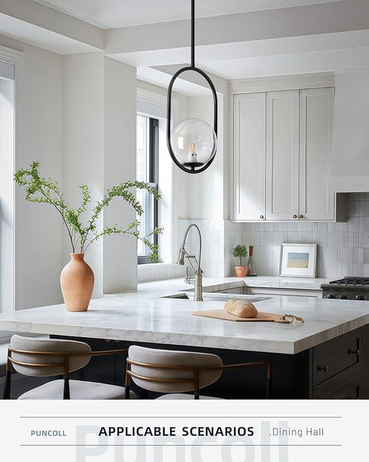 Glass Pendant Lights - 1-Light Pendant Lighting for Kitchen Island with Black Finish - Vintage Pendant Light Fixtures - Black Hanging Lights for Kitchen H9376-CLBK