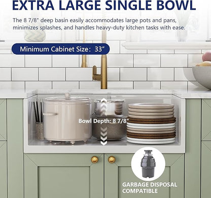 DeerValley White Farmhouse Workstation Sink 30 inch, Reversible Fireclay Deep Single Bowl Apron Front Kitchen Sink, Undermount Farm Sink with Ledge and Accessories