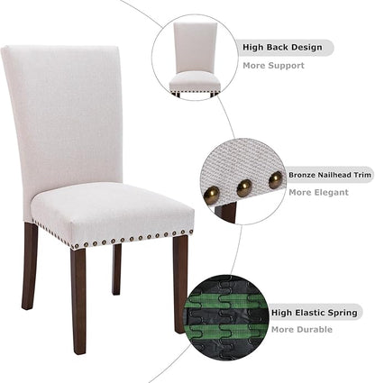 COLAMY Upholstered Dining Chairs Set of 6, Parsons Style Side Chairs with Nailhead Trim and Solid Wood Legs, Comfortable Linen Fabric for Kitchen & Dining Room – Beige