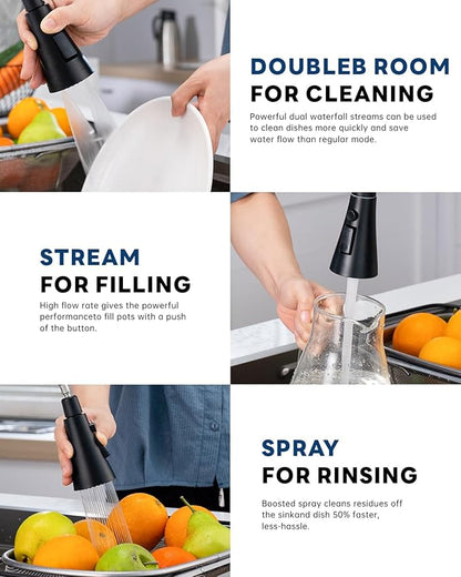 Matte Black Kitchen Faucets with Soap Dispenser,Kitchen Faucet with Pull Down Sprayer 3 Modes, Stainless Steel Modern Kitchen Sink Faucets High Arch Single Handle Faucet