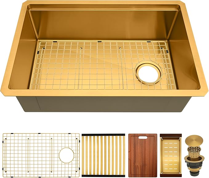 Kitsitchen Gold Undermount Kitchen Sink,16 Gauge SUS304 Stainless Steel Workstation Sink with Accessories, 28 Inch Single Bowl Kitchen Sinks with Round Corner & Offset Drain Design(28" X 18"X 10")