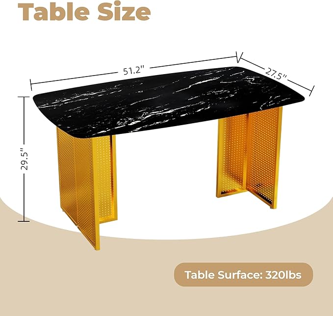 51" Black Marble Dining Table, 4-6 Person Modern Kitchen Dining Room Tables with Marble Pattern Tempered Glass Top and Golden Hollow-Out Metal Base, Space Saving Rectangle Dinner Table for Home