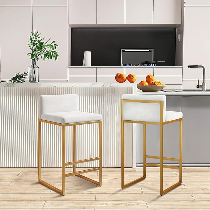 Velvet Stools with Low Back Mid-Century Upholstered Armless Chairs for Kitchen Island Home Pub Grey + Gold Sitting Height 65cm (White + Gold 25.6in)