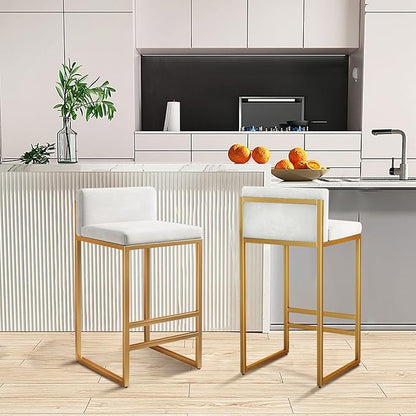 Velvet Stools with Low Back Mid-Century Upholstered Armless Chairs for Kitchen Island Home Pub Grey + Gold Sitting Height 65cm (White + Gold 29.5in)