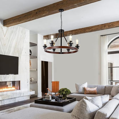 Lanhall 6-Light Farmhose Chandelier for Dining Room Light Fixture Faux Wood Kitchen Pendant Light Round Rustic Ceiling Hanging Lighting with Glass Globes Adjustable Height Metal E26