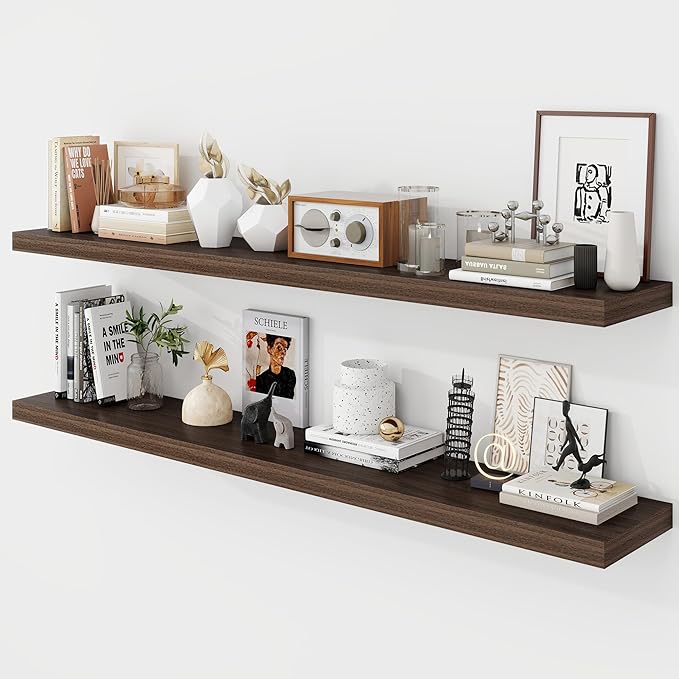 Acovy 55 Inch Floating Shelves, 9.3" Deep Floating Shelf Wall Mounted, 56" Wall Shelves, Rustic Deep Bookshelf, Large Display Shelves & Storage Shelves for Bedroom, Living Room, Walnut, Set of 2