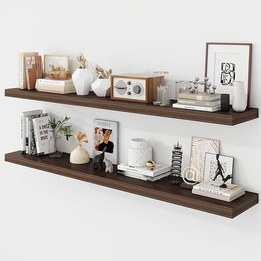 Acovy 55 Inch Floating Shelves, 9.3" Deep Floating Shelf Wall Mounted, 56" Wall Shelves, Rustic Deep Bookshelf, Large Display Shelves & Storage Shelves for Bedroom, Living Room, Walnut, Set of 2