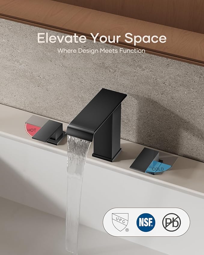 AVSIILE Matte Black Waterfall Bathroom Faucet 3 Hole, 8 Inch Widespread Modern 3 Piece Bathroom Sink Faucet, Touch On Lavatory Faucet for Vanity RV Restroom, Straight Spout