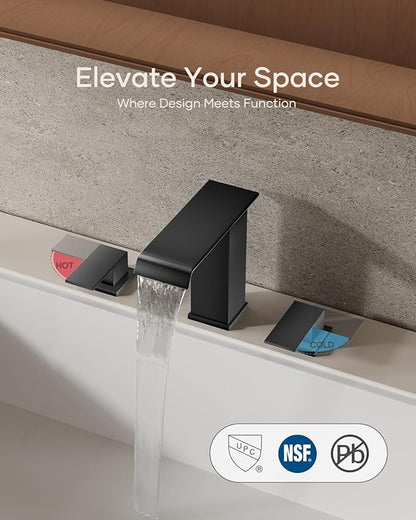 AVSIILE Matte Black Waterfall Bathroom Faucet 3 Hole, 8 Inch Widespread Modern 3 Piece Bathroom Sink Faucet, Touch On Lavatory Faucet for Vanity RV Restroom, Straight Spout