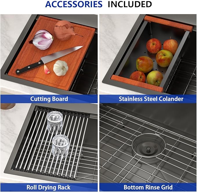Dcolora 28 Inch Black Kitchen Sink Drop In, Nano-PVD Black Stainless Steel Workstation Sink Single Bowl Topmount with Accessories All-In-One, #DC-T8862 28"x22"x10"