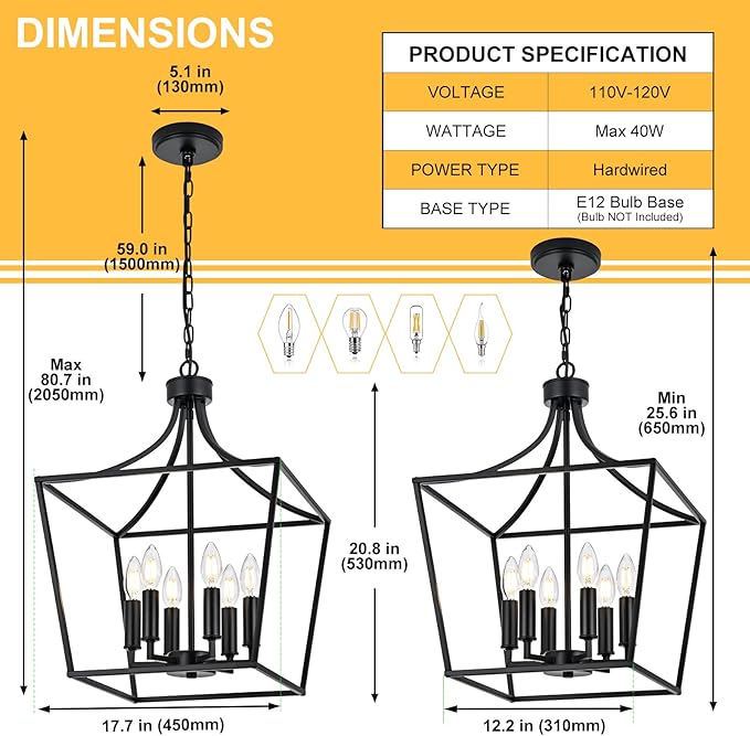 6-Light Farmhouse Dining Room Cage Chandelier, Black Ceiling Pendant Light Fixture Height Adjustable for Kitchen Island Over Table, E12 Bulb Base