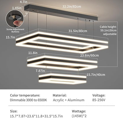 Modern Chandelier, 3 Layer Rectangle Pendant Light Fixtures, 3000K-6500K Dimmable Kitchen Island Chandelier, Adjustable Height Ceiling Hanging Led Light for Dining Room, Living Room, Foyer