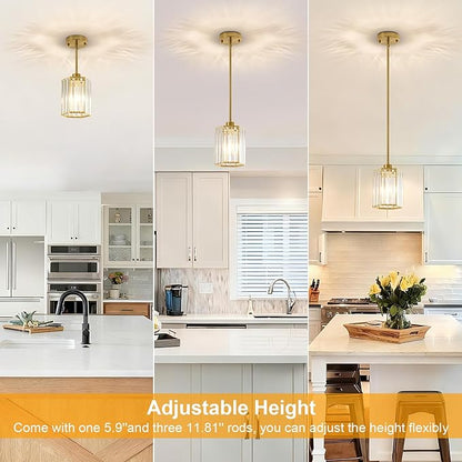 3 Pack Crystal Pendant Lights Kitchen Island, Modern Brushed Gold Kitchen Pendant Lights Over Island, Hexagonal Crystal Hanging Lights for Island, Dining Room, Hallway, Foyer, Entryways