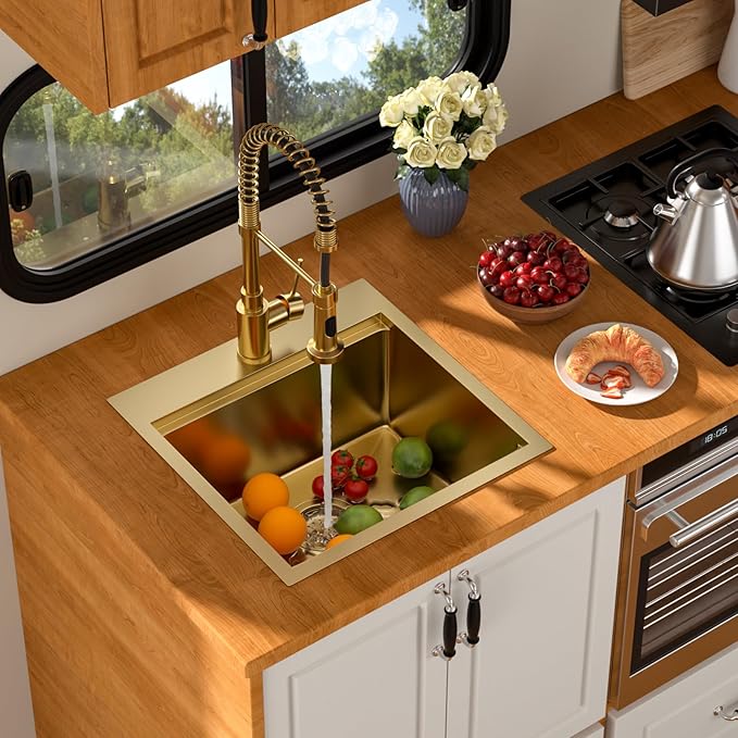 18 Outdoor Kitchen Sink Gold - Beslend 18x18 Gold Outdoor Sink Bar Sink RV Sinks Drop In, Topmount Stainless Steel Kitchen Sinks Workstation 16 Gauge Single Bowl Above Counter Indoor Outdoor