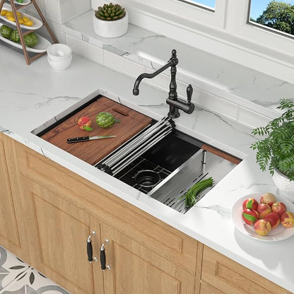 Mocoloo 32 Inch Undermount Kitchen Sink, 32x19 Gunmetal Black Stainless Steel Workstation Sink, 16 Gauge Modern Single Bowl 10'' Deep Kitchen Basin