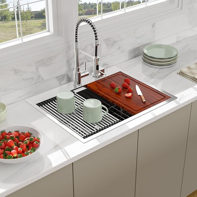28 Inch Drop In Kitchen Sink - Beslend Stainless Steel Ledge Workstation Sinks 16 Gauge Top Mount Handmade Welding Large Single Bowl Over Counter Kitchen Basin with Accessories 28x22x10