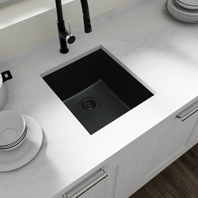 Black Bar Sink,Black Granite Composite Kitchen Sinks With Accessories, 17 Inch Undermount Quartz Stone Kitchen Sinks, 17" x 19" x 10" Small Kitchen Sink used for RV, Bar, Outdoor and Wet Bar