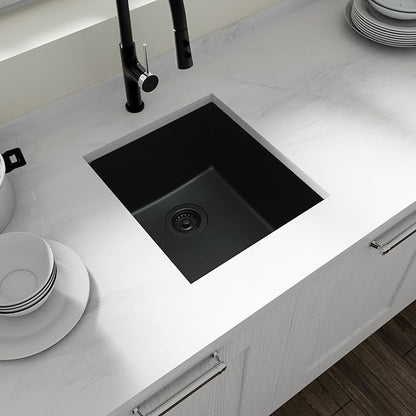 Black Bar Sink,Black Granite Composite Kitchen Sinks With Accessories, 17 Inch Undermount Quartz Stone Kitchen Sinks, 17" x 19" x 10" Small Kitchen Sink used for RV, Bar, Outdoor and Wet Bar