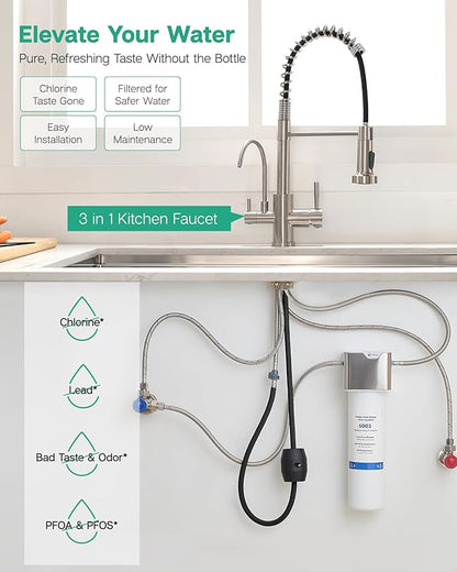GIMILI 3 in 1 Kitchen Faucet with Pull Down Sprayer Brushed Nickel Two Handle Kitchen Sink Faucet with Under Sink Water Filter System Reduces PFAS, PFOA/PFOS, Lead, Chlorine, Bad Taste & Odor
