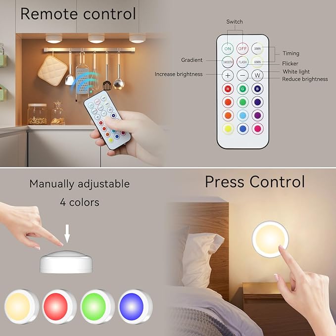 LED Puck Lights with Remote Control, Under Cabinet Lighting Stick on Tap/Push Lights, Battery Operated Closet Lights, Wireless Led Wall Light for Bedroom, Under Counter Light for Kitchen,3 Pack