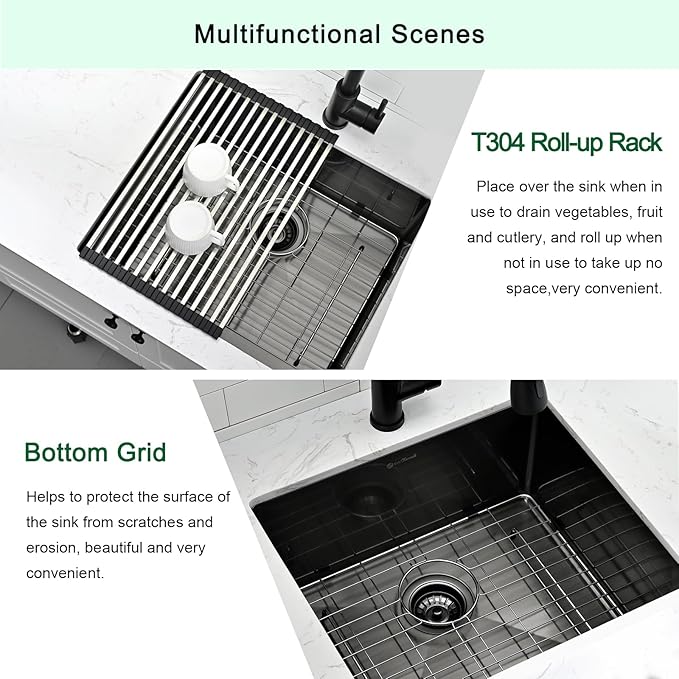 Undermount Kitchen Sink, 21 x 18 x 10 Inch Single Bowl Undermount Sink 16 Gauge T-304 Stainless Steel Gunmetal Black Kitchen Sinks