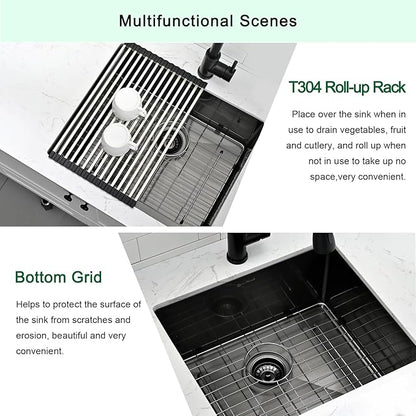 Undermount Kitchen Sink, 21 x 18 x 10 Inch Single Bowl Undermount Sink 16 Gauge T-304 Stainless Steel Gunmetal Black Kitchen Sinks