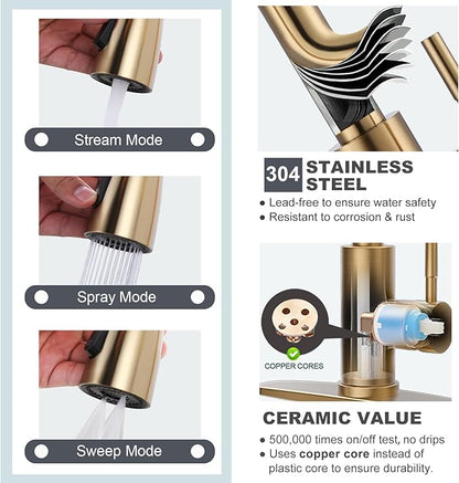 WOWOW Brushed Gold Kitchen Faucet With Sprayer, Stainless Steel High Arc Single Handle Sink Faucet for 1 or 3 Hole, Luxurious Gold Utility RV Kitchen Tap